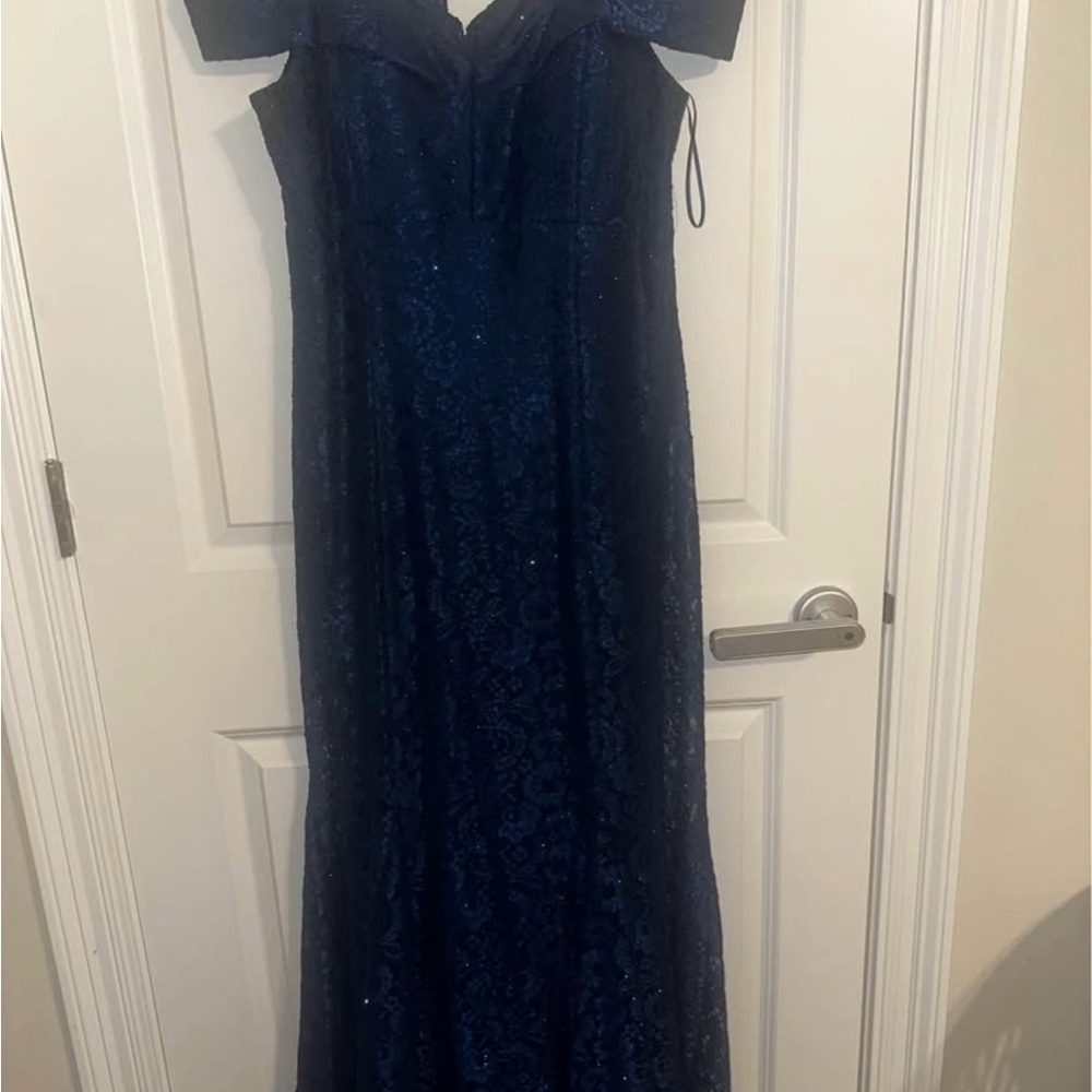 R&M Richards Navy Blue Lace Prom Dress